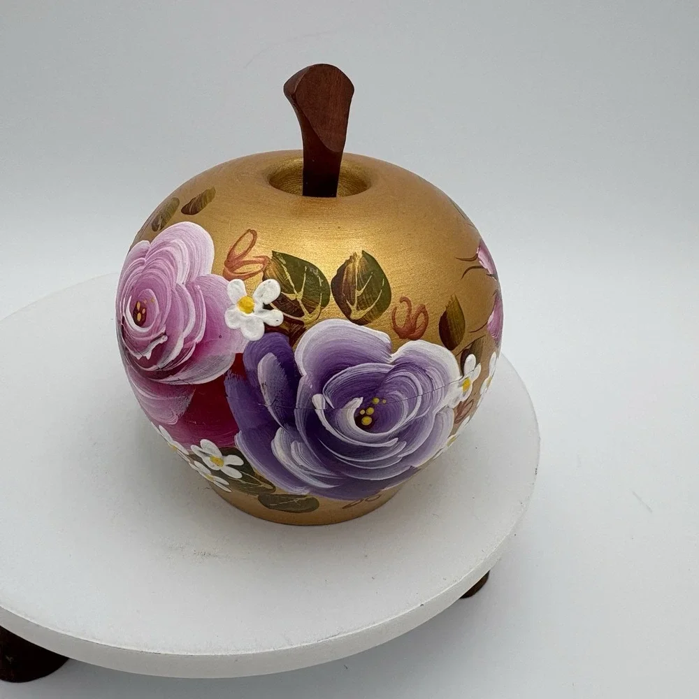 Hand-Painted Wooden Apple Trinket Dish Gold‎ Shimmer
